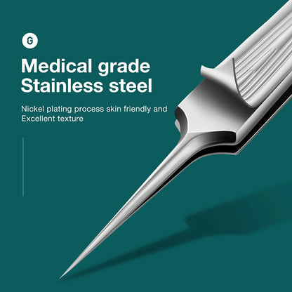 Pinces MR.GREEN pointe aiguille en acier inox 304, finition nickelée; extraction précise de poils incarnés avec poignée antidérapante.