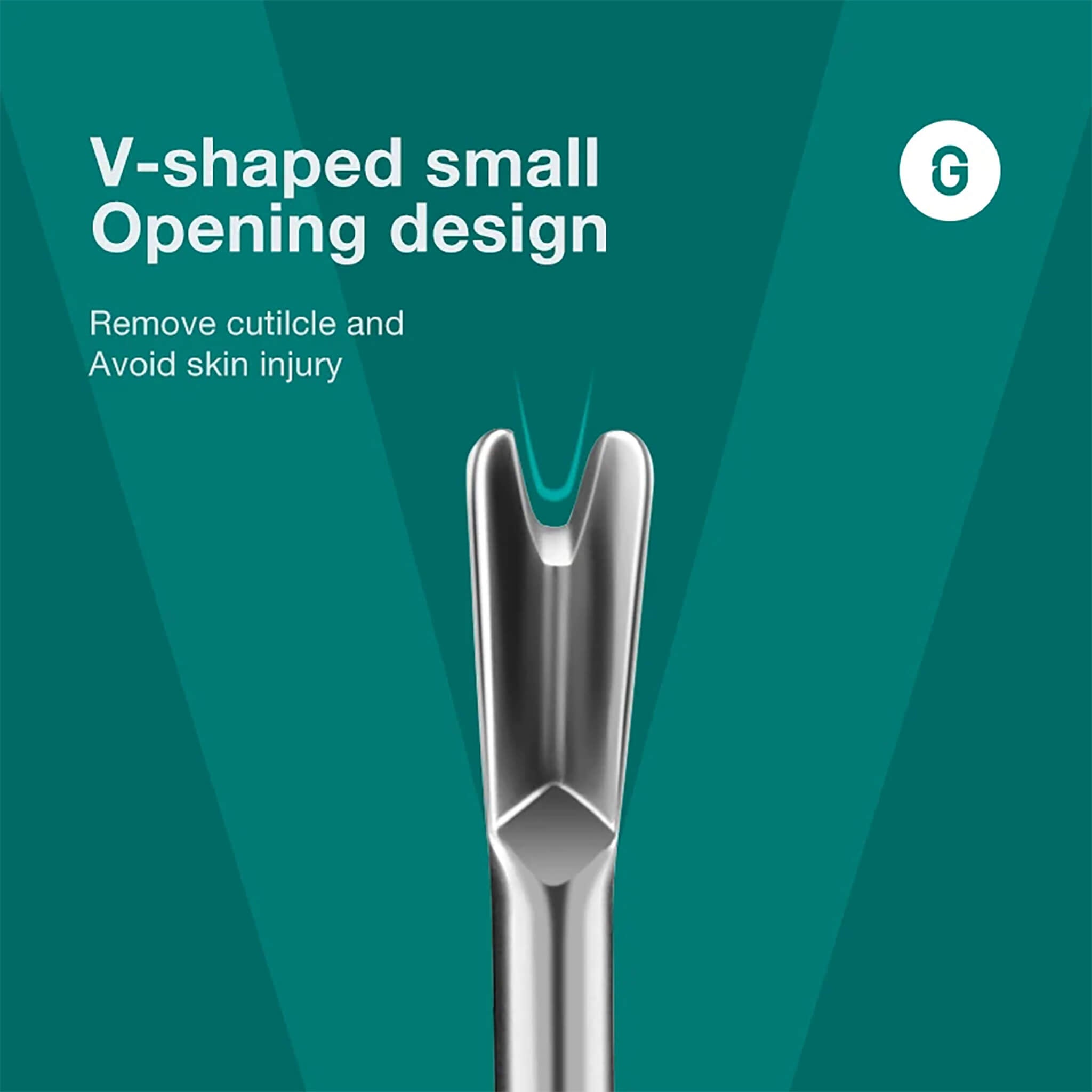Removedor de pele morta MR.GREEN com pequena abertura em V; ponta única em aço inox que evita ferimentos e facilita a limpeza.