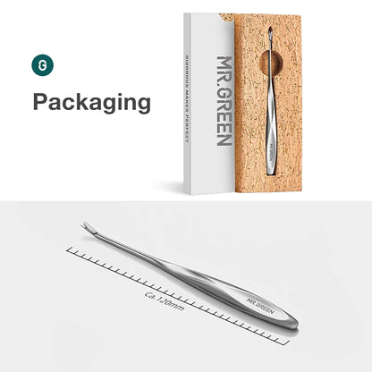 Rimuovi pelle morta MR.GREEN, confezione premium e lunghezza ca. 120 mm; estremità singola con punta a V in acciaio inox.