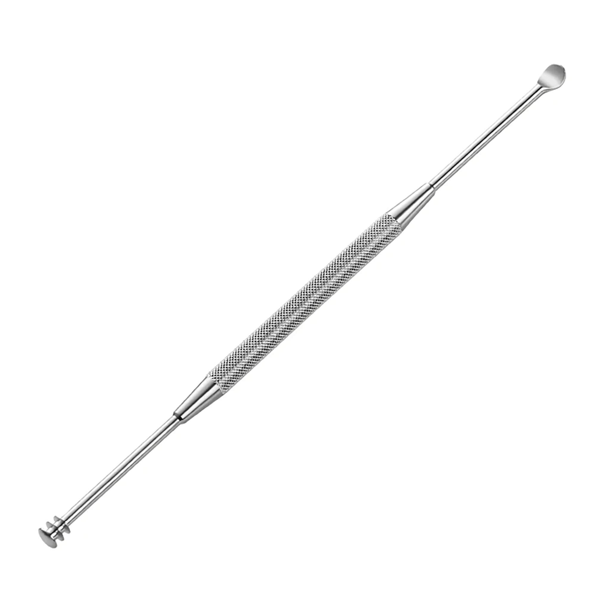 MR.GREEN silvery stainless three-ring earwax remover, scoop and spiral tip, diamond-pattern handle; single pack studio photo.