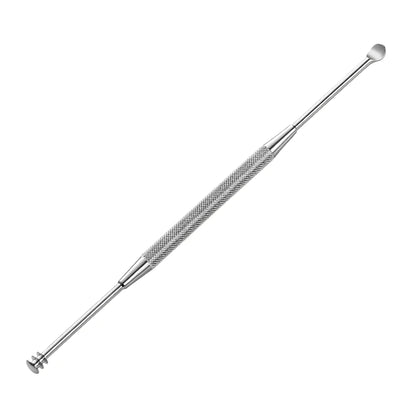 MR.GREEN silvery stainless three-ring earwax remover, scoop and spiral tip, diamond-pattern handle; single pack studio photo.