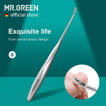 MR.GREEN single-end nail dead skin remover with V-shaped stainless tip and ergonomic anti-slip handle for precise nail edge care.