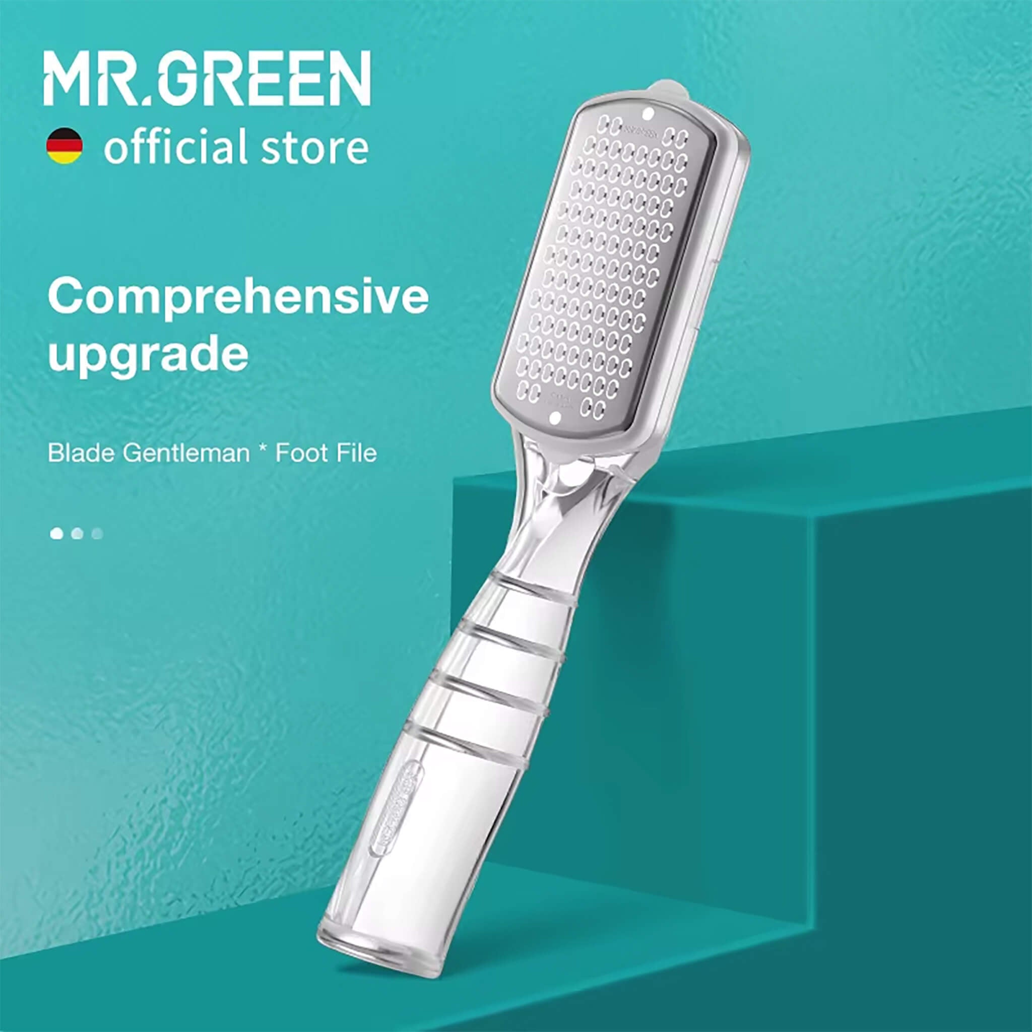 MR.GREEN stainless micro-blade foot file, ergonomic non-slip handle, fast callus removal for smooth heels.