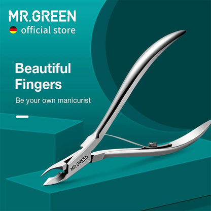 MR.GREEN stainless steel cuticle nipper, 5 mm slant blade with ergonomic spring; dead skin remover on a teal hero background.