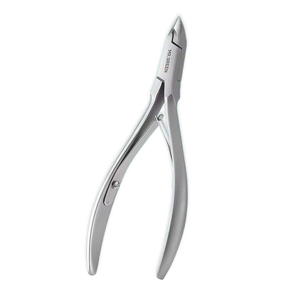 MR.GREEN stainless steel cuticle nipper with 5mm slant blade and symmetric spring; polished silver packshot on white for salon nail care.