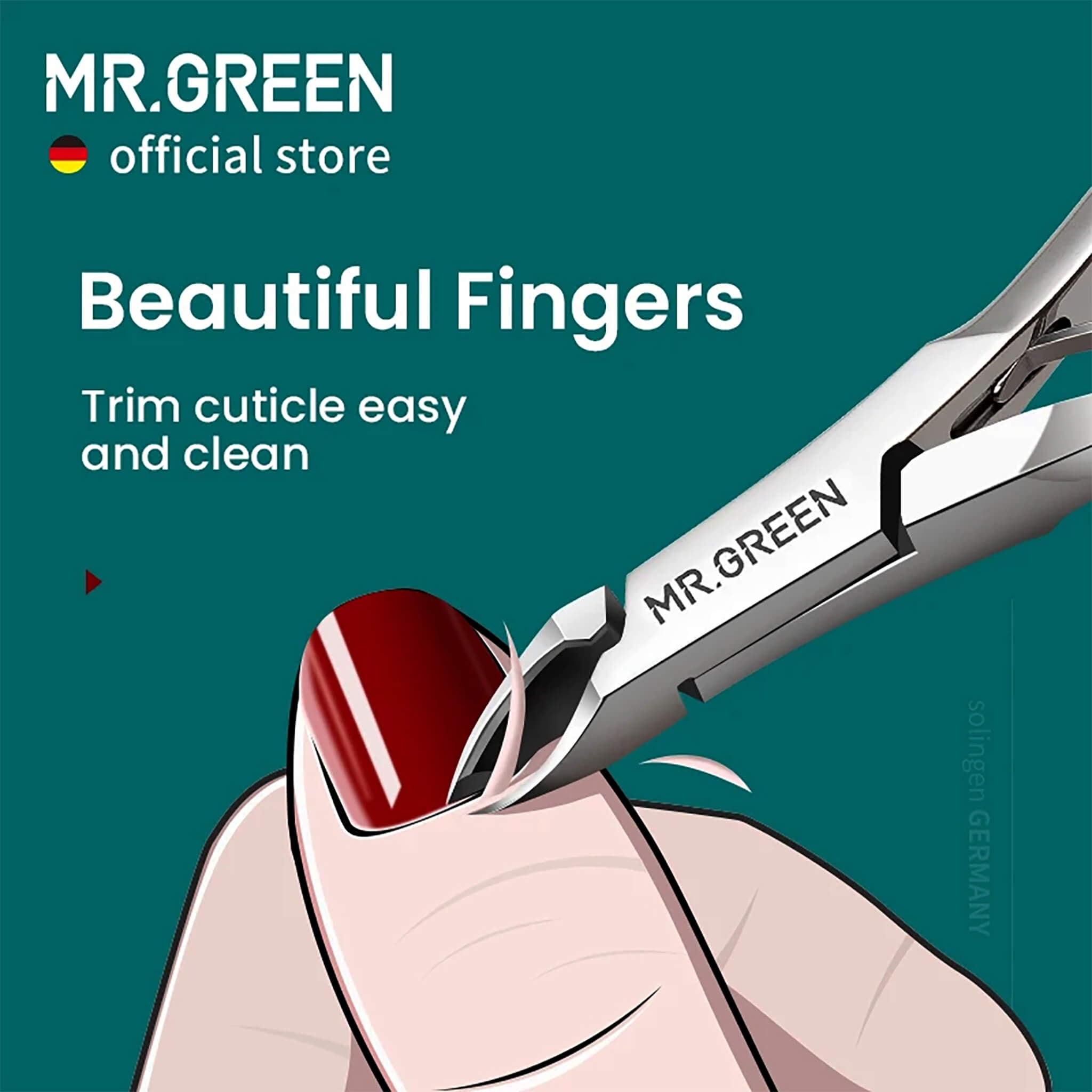 MR.GREEN stainless steel cuticle nippers, 5 mm slant blade trimming cuticles for clean manicures; ergonomic, salon-grade.