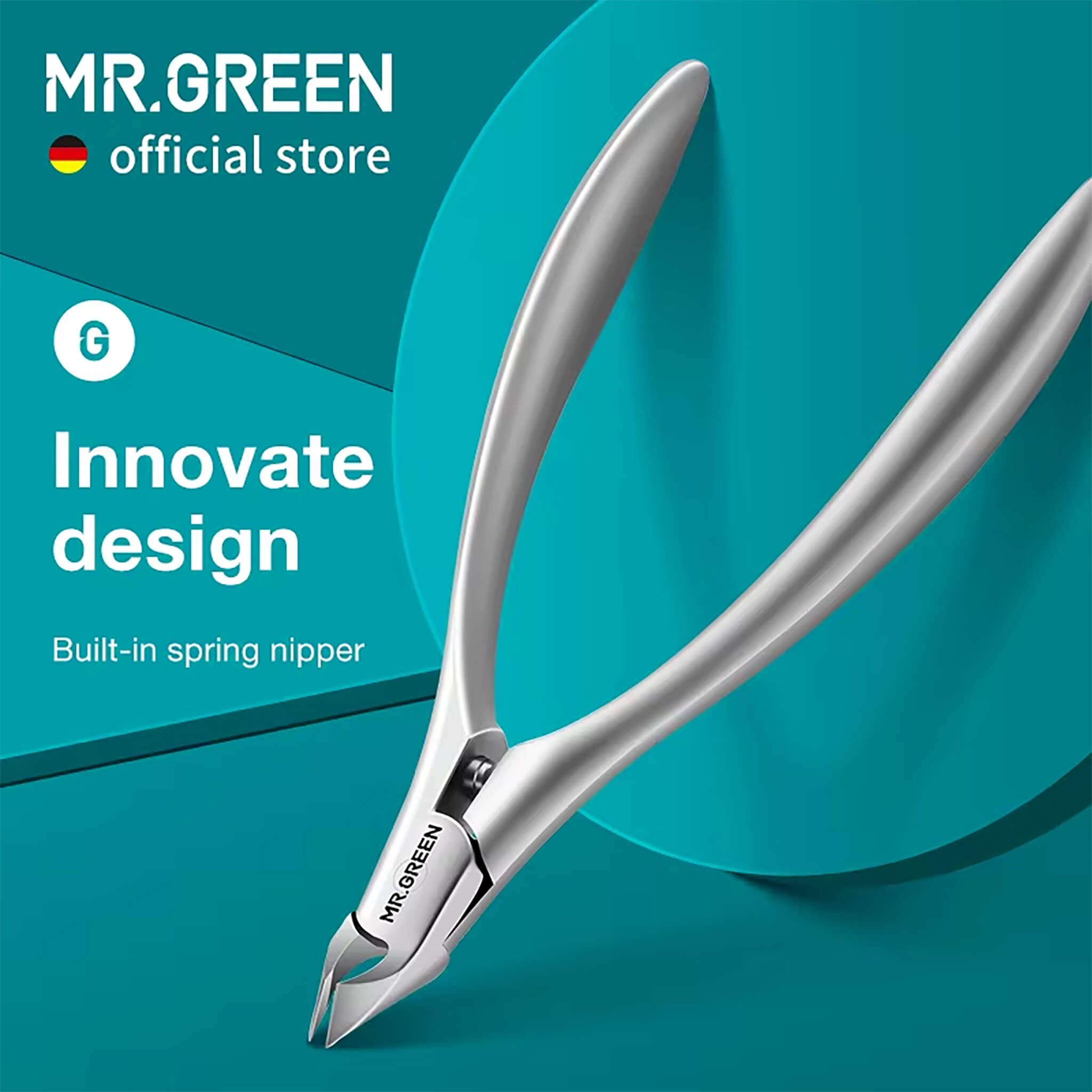 MR.GREEN stainless steel cuticle nippers with integrated spring and 5mm slant blade; ergonomic curved handles on teal hero.