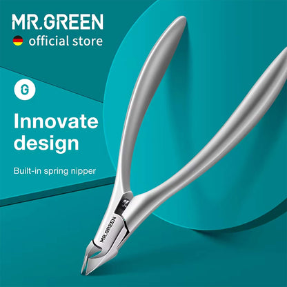 MR.GREEN stainless steel cuticle nippers with integrated spring and 5mm slant blade; ergonomic curved handles on teal hero.