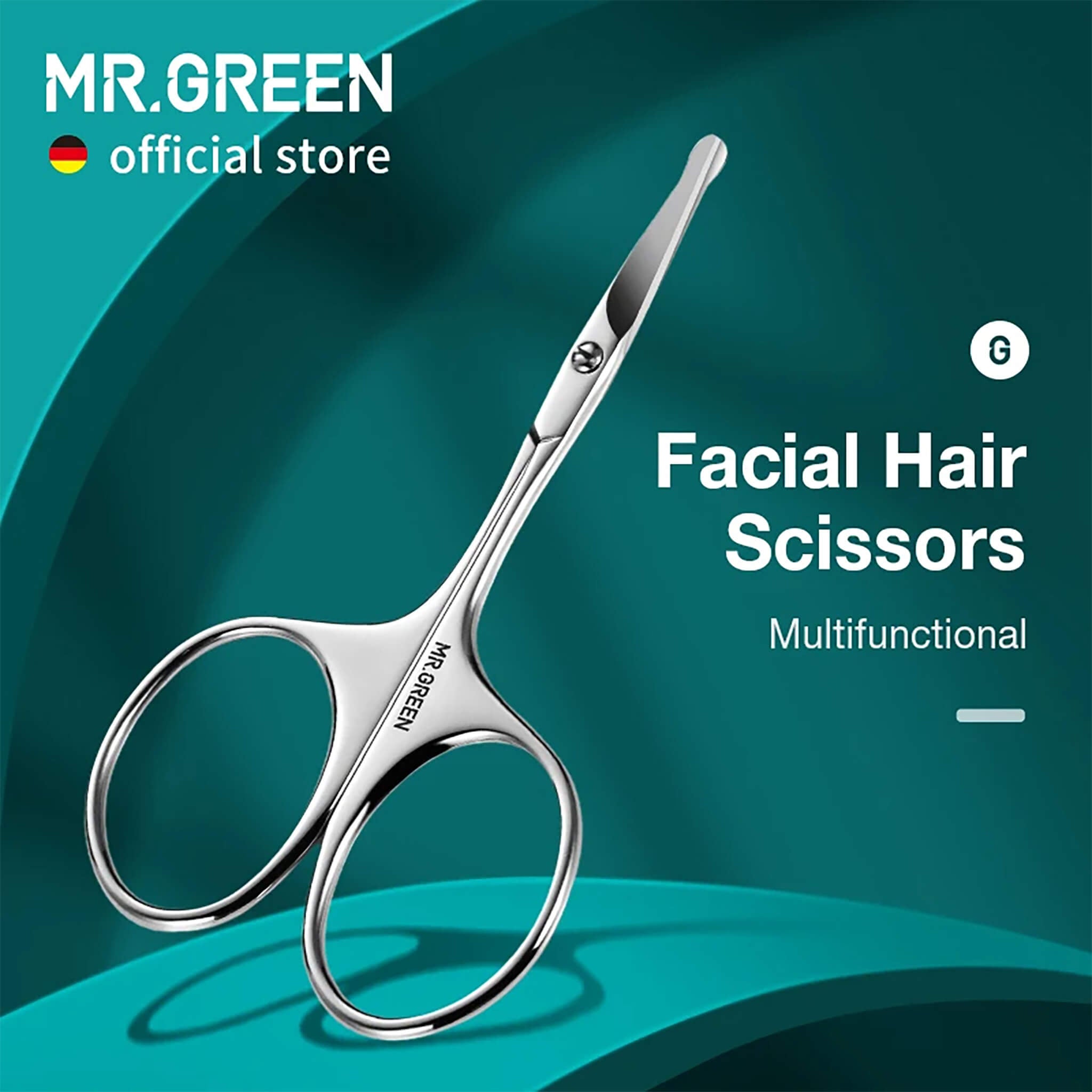 MR.GREEN stainless steel facial hair scissors with rounded-tip safety for brows, lashes and fine facial hair trimming; teal hero image.