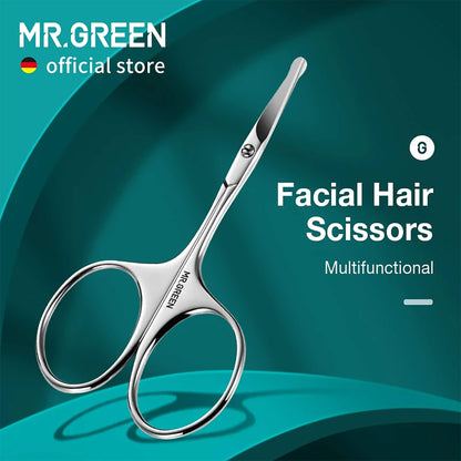 MR.GREEN stainless steel facial hair scissors with rounded-tip safety for brows, lashes and fine facial hair trimming; teal hero image.