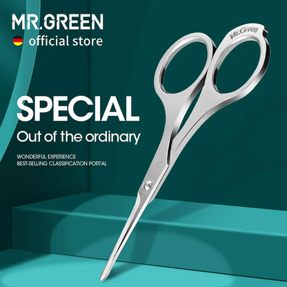 MR.GREEN stainless steel nose hair scissors with ergonomic rings for safe, precise trimming; teal hero image.