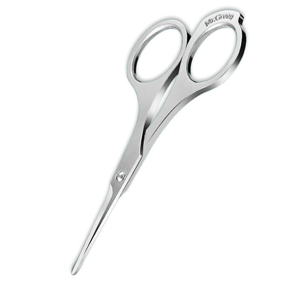 MR.GREEN nose hair scissors with rounded safety tips and ergonomic dual rings, stainless steel product photo on white.