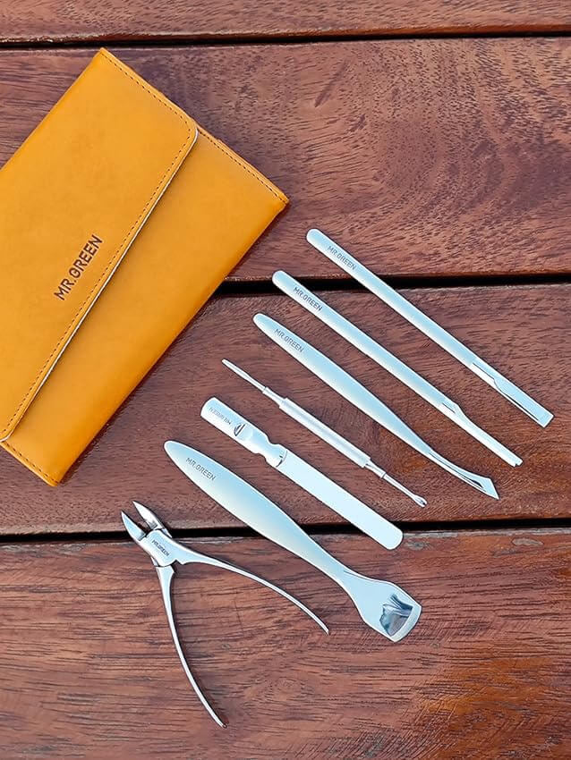 MR.GREEN surgical stainless steel pedicure knife set with mustard leather case — professional foot care tools for callus, corn and ingrown toenail care