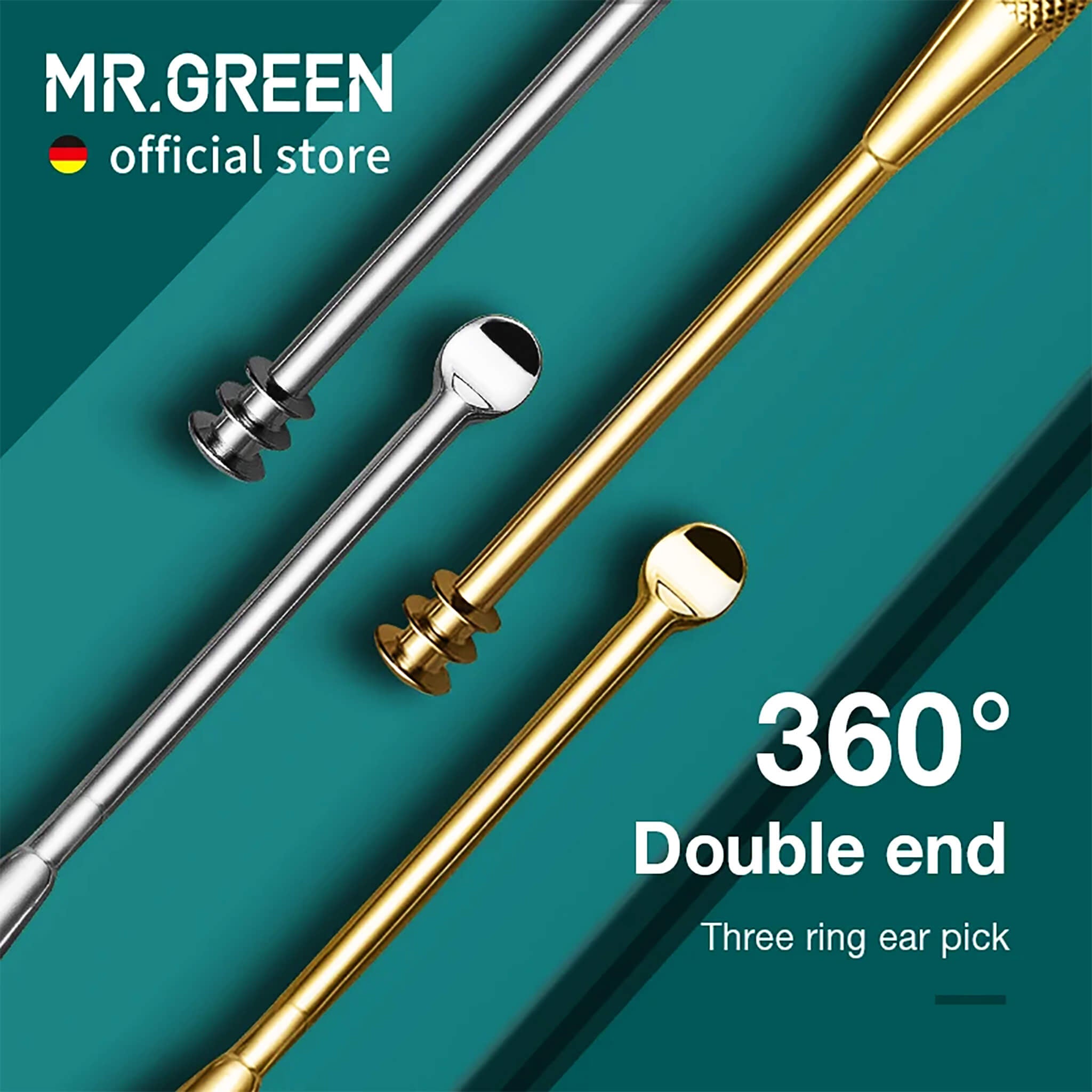 MR.GREEN three-ring earwax remover, double-ended stainless steel ear pick for 360° cleaning; gold and silver tools on teal.