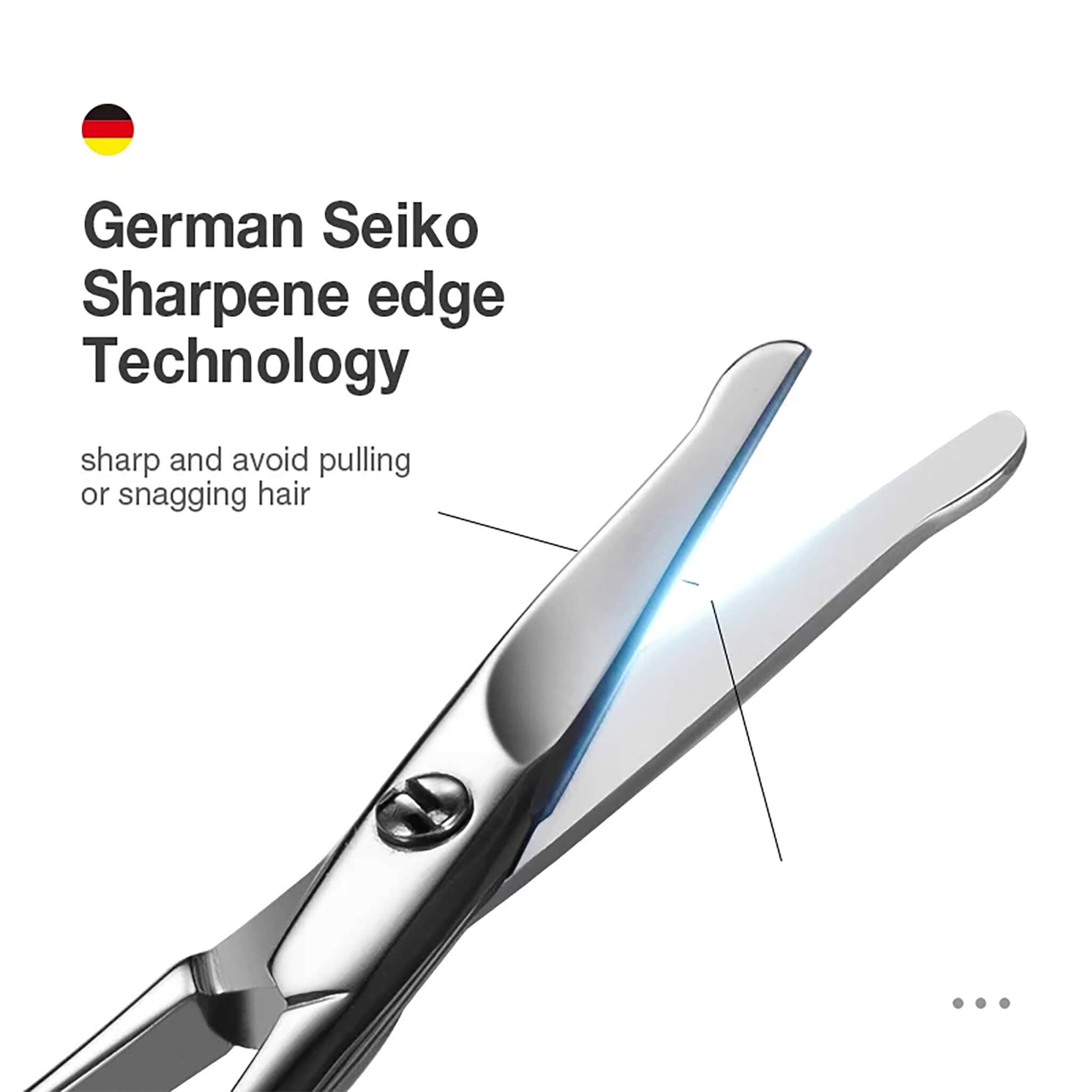 Tijeras MR.GREEN para vello facial con punta redondeada y filo de precisión; cortes limpios sin tirones, detalle de hoja en fondo blanco.