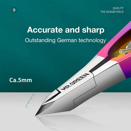 Punta de 5 mm del alicate corta cutículas MR.GREEN con hoja inclinada precisa y afilada; acero inoxidable y mango colorido, calidad alemana.