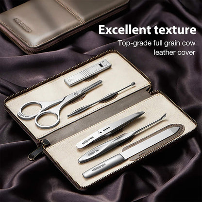 Set de manicura de lujo MR.GREEN con funda de cuero de vaca de grano completo y herramientas de acero inoxidable, listo para regalo.