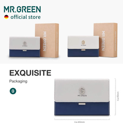 Confezione MR.GREEN 8-in-1—astuccio portafoglio navy/bianco con scatola kraft e dimensioni ca. 105×45 mm, pronto per regalo