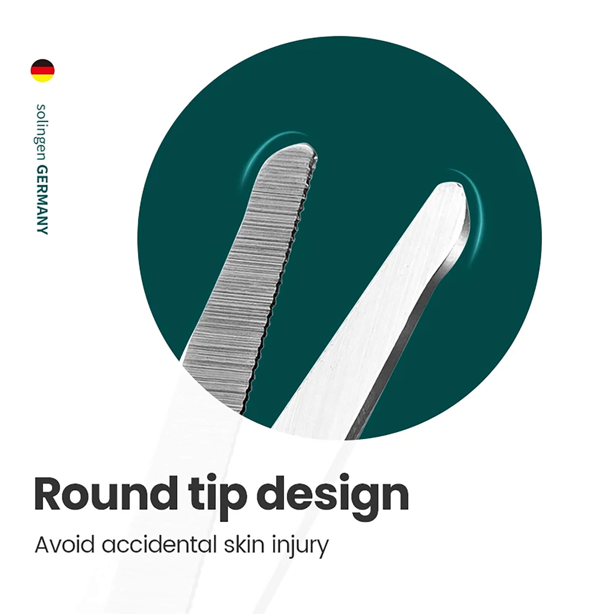 Tesoura MR.GREEN para pelos nasais, pontas arredondadas e lâmina serrilhada; design seguro para evitar ferimentos.